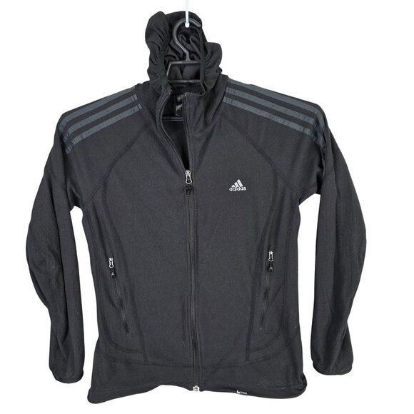 Womens Adidas Black Full Zip Hooded Jacket Zippered Pockets Polyester Size M - Picture 1 of 8